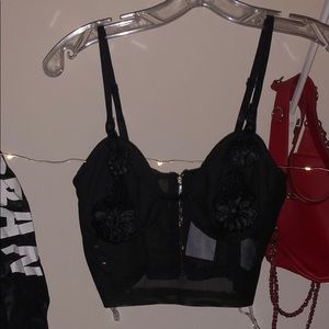 Black Mesh and Floral Embroidered Bustier
